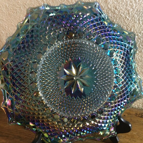 Vintage Blue Iridescent Ruffled Diamond Point Dessert Plate - Picture 8 of 9